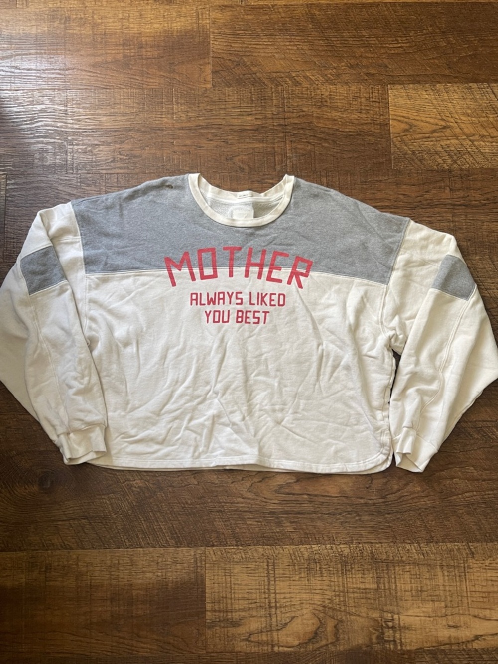 MOTHER White and Gray Colorblock Sweatshirt with Pink Logo